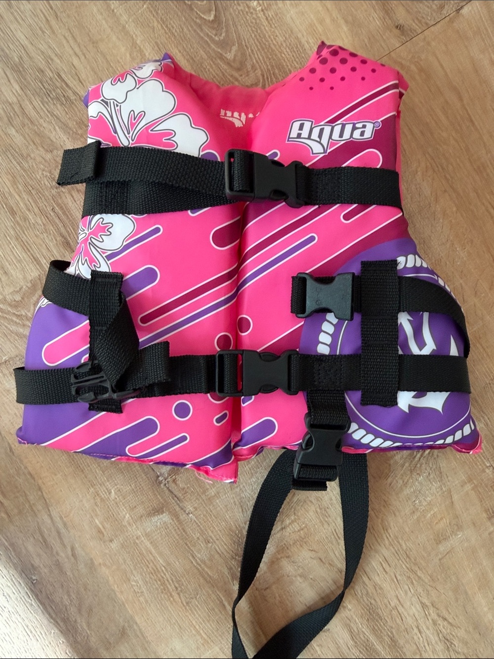 Aqua Bright Pink Children's Swim Vest with Black Accents size 30-50 pounds
